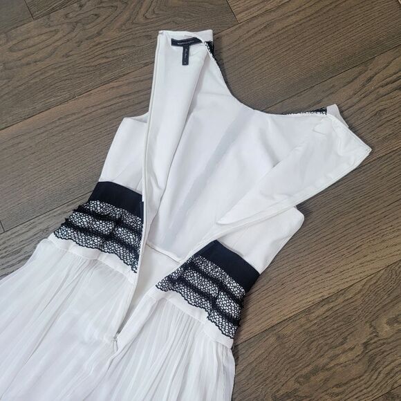 BCBGMAXAZRIA Adelyn Pleated Lace Sleeveless Hi Low Dress in White & Black - Picture 12 of 16